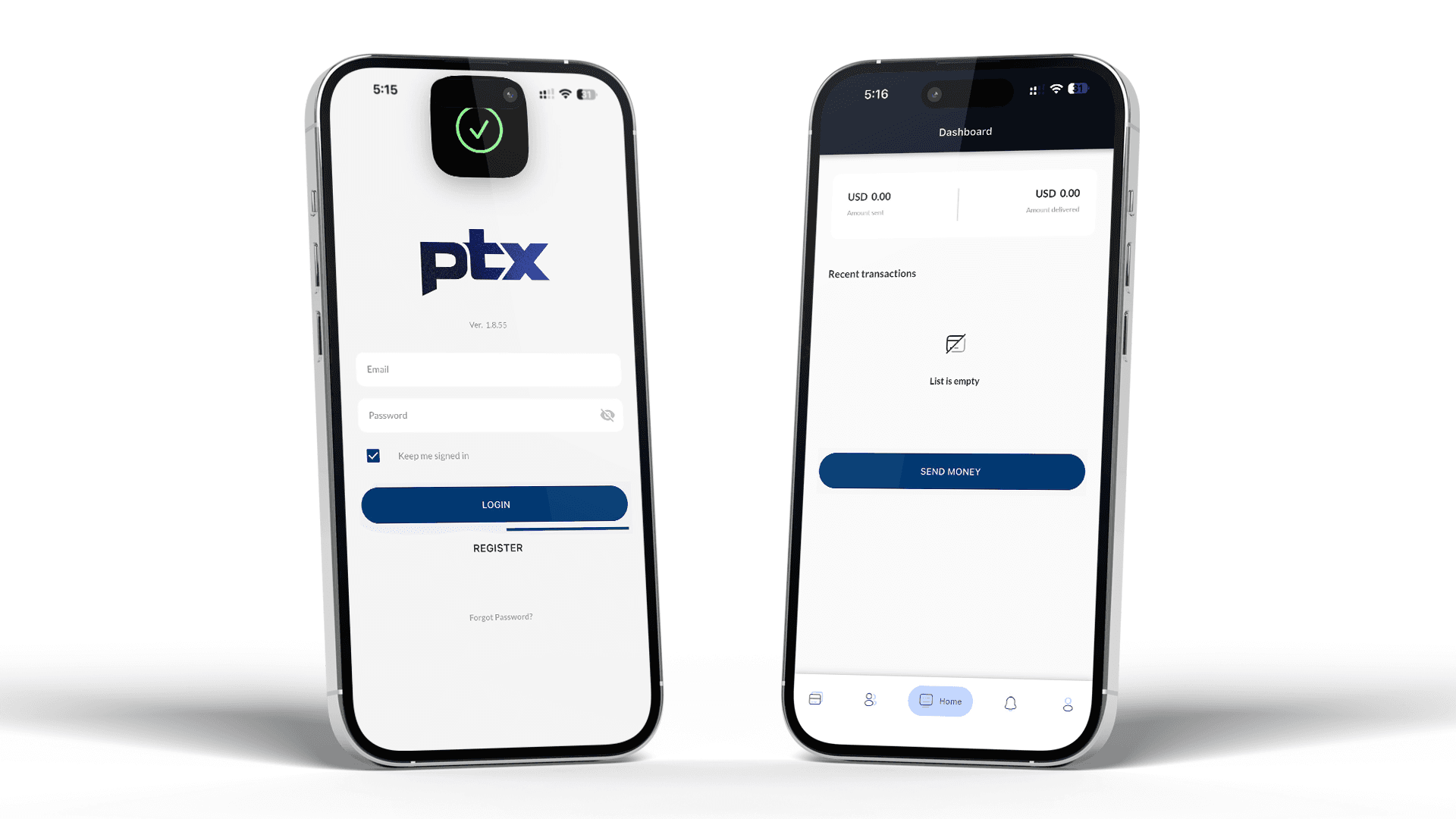 PTX Exchange App - Login and Dashboard screens