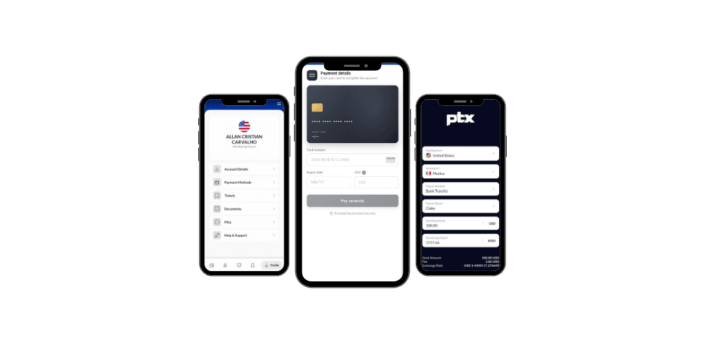 PTX Exchange app screens: profile, secure card payment, and send-money flow