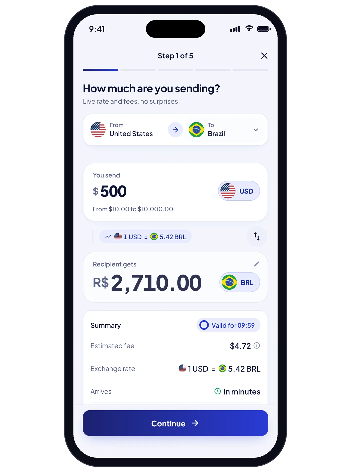 PTX Exchange app send-money screen: how much you are sending and what the recipient gets