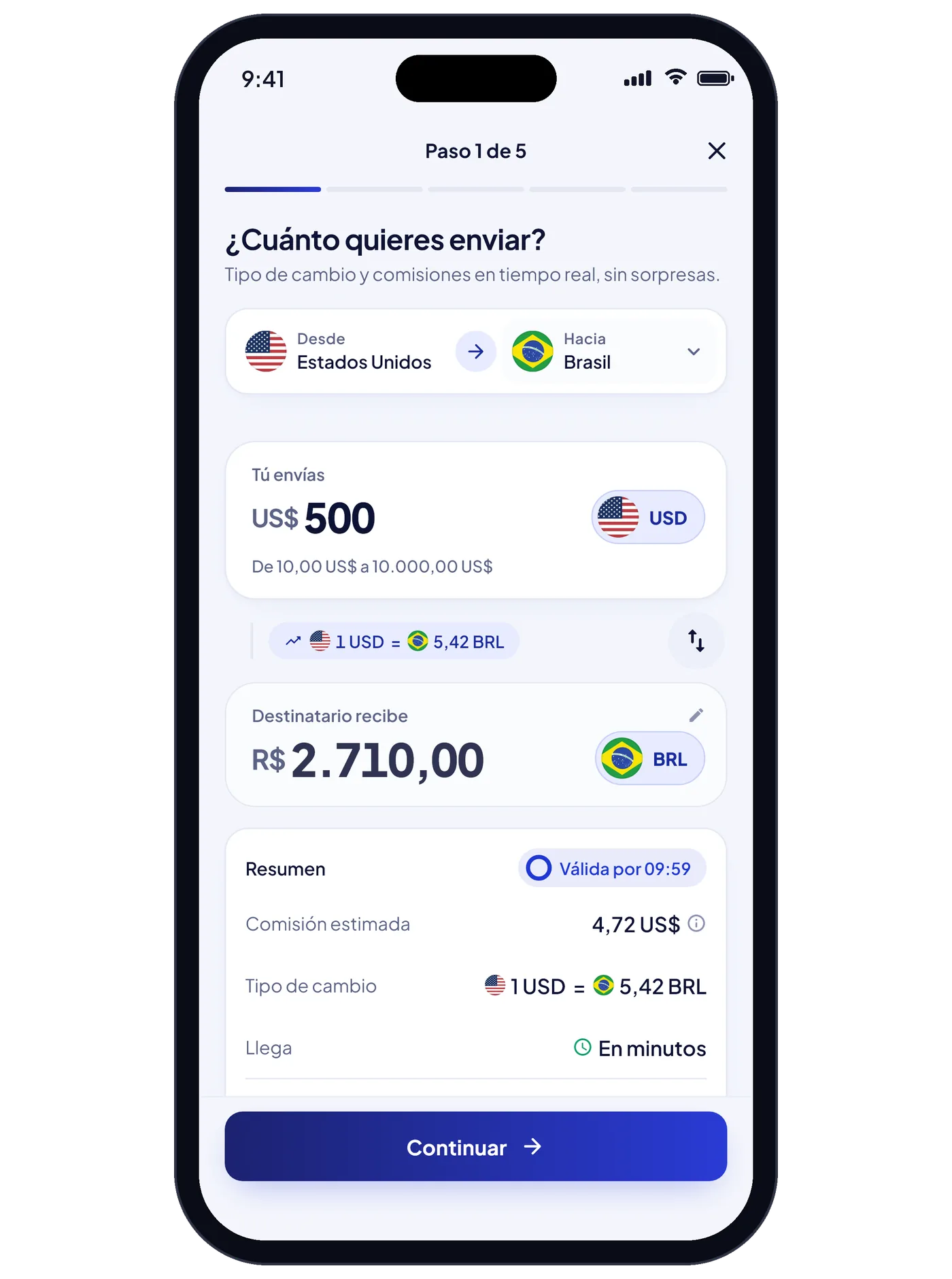 Pantalla de envío de la app PTX Exchange: cuánto envías y cuánto recibe la otra persona