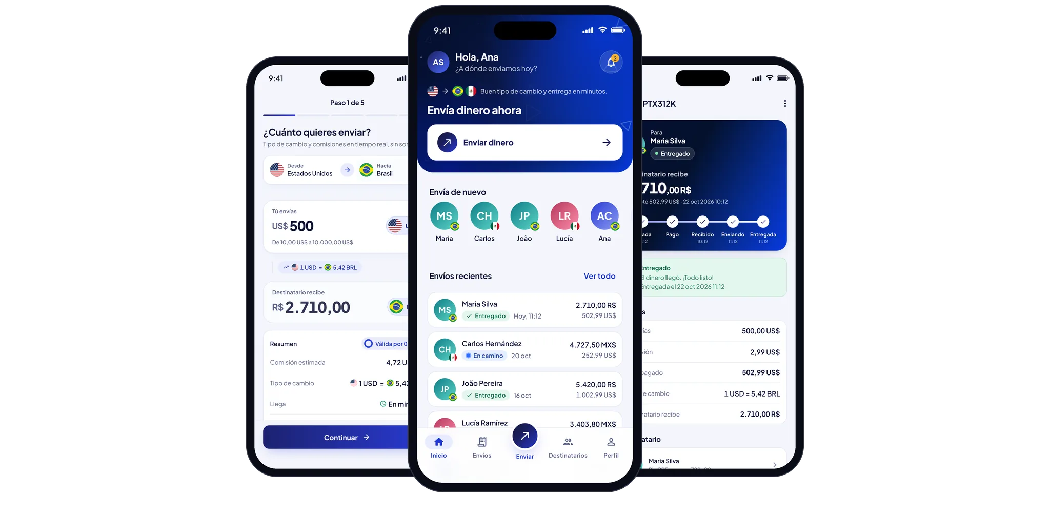 Pantallas de la app PTX Exchange: inicio con envíos recientes, cuánto vas a enviar y seguimiento del envío