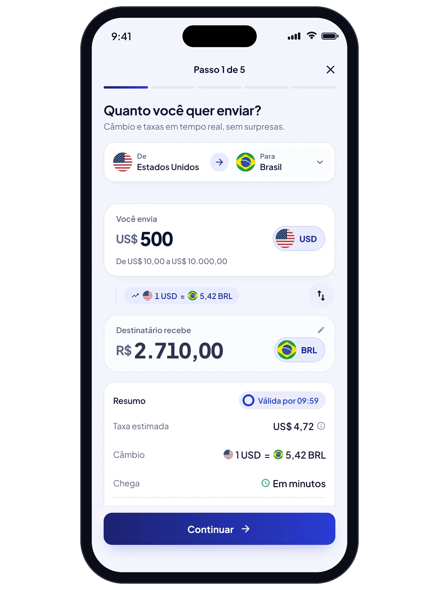 Tela de envio do app PTX Exchange: quanto você envia e quanto a pessoa recebe