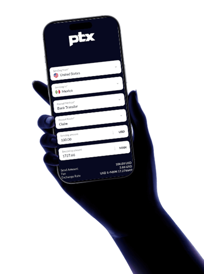 Hand holding a phone with the PTX Exchange send-money screen